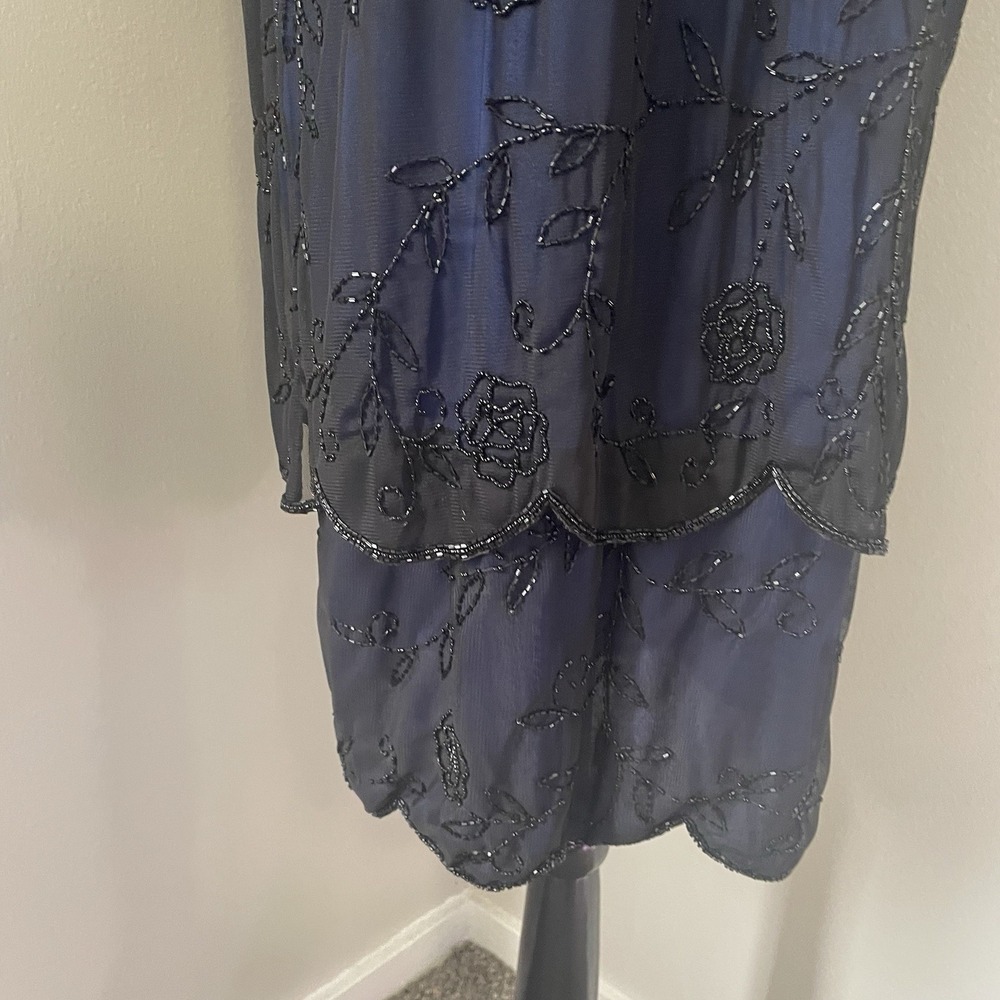 Vintage BRILLIANTE BY J.A. Sz XL Navy Beaded Sequined Dress Layer Illusion Glam - Picture 6 of 11